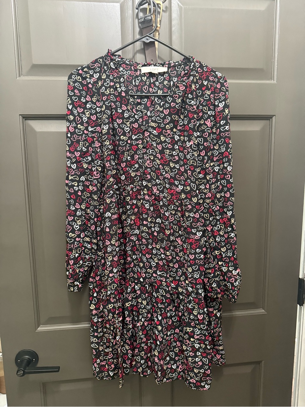 LOFT Black Long-Sleeve Heart Print Tiered Dress